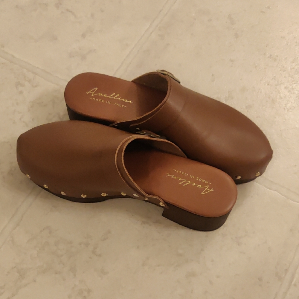 NEW Avellini Made in Italy Women Golden Studded Buckle Clogs - Leather 38/7 Y2K